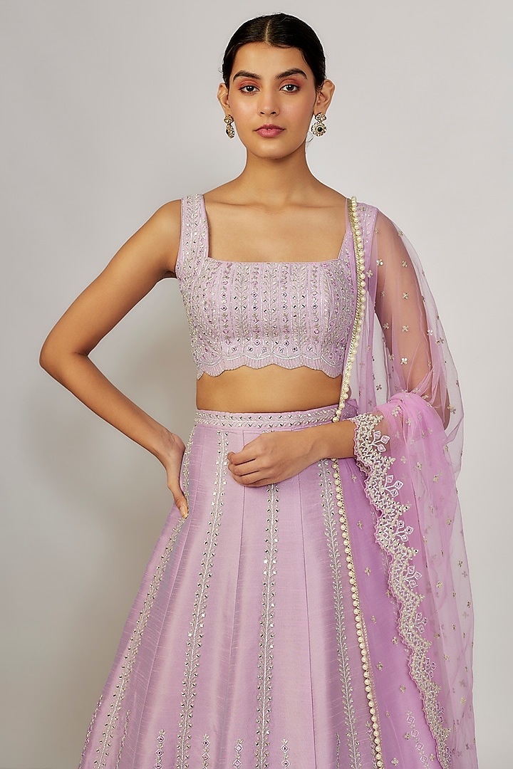 Lavender Dupion Silk Mirror Embroidered Wedding Lehenga Set by Chamee and Palak at Pernia's Pop Up Shop