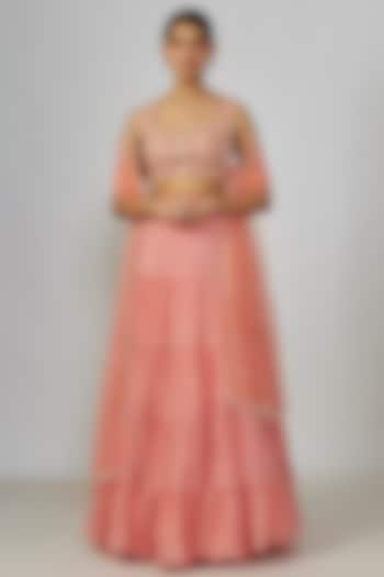 Peach Georgette Frilled Lehenga Set by Chamee and Palak