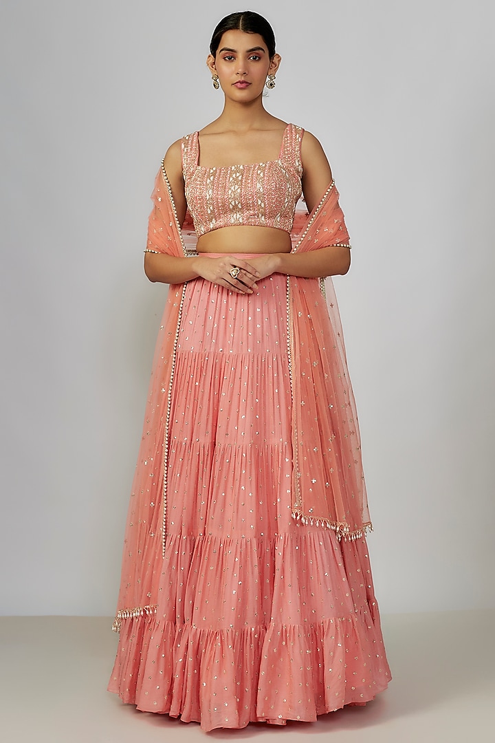 Peach Georgette Frilled Lehenga Set by Chamee and Palak