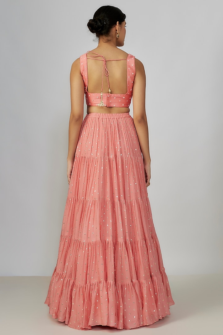 Peach Georgette Frilled Wedding Lehenga Set by Chamee and Palak at Pernia's Pop Up Shop
