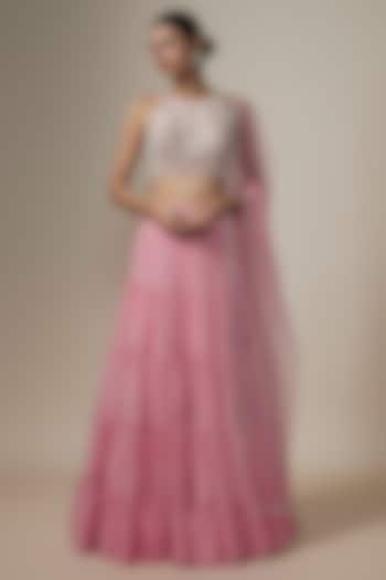 Pink Georgette Frilled Lehenga Set by Chamee and Palak