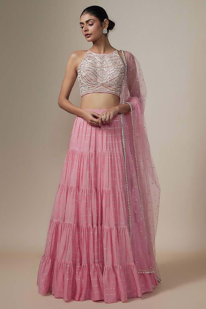 Pink Georgette Frilled Lehenga Set by Chamee and Palak