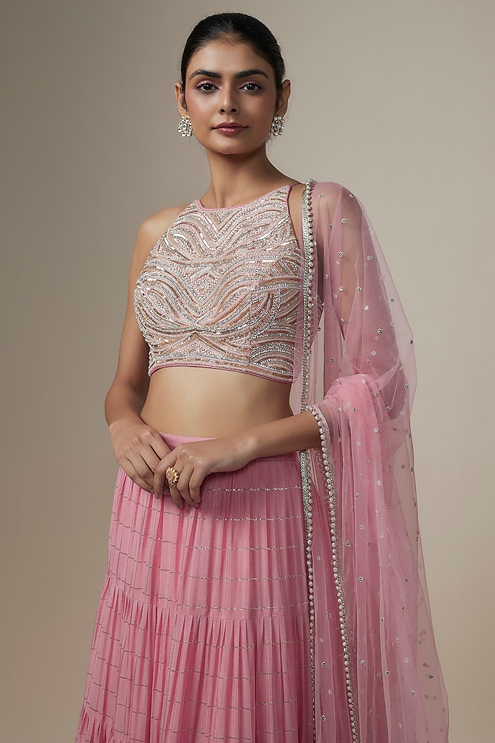 Pink Georgette Frilled Wedding Lehenga Set by Chamee and Palak at Pernia's Pop Up Shop