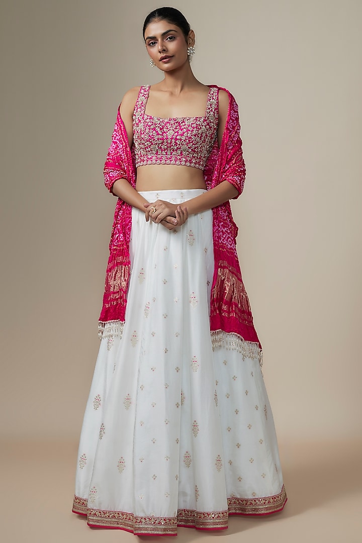 Ivory Jamawar & Silk Lehenga Set by Chamee and Palak