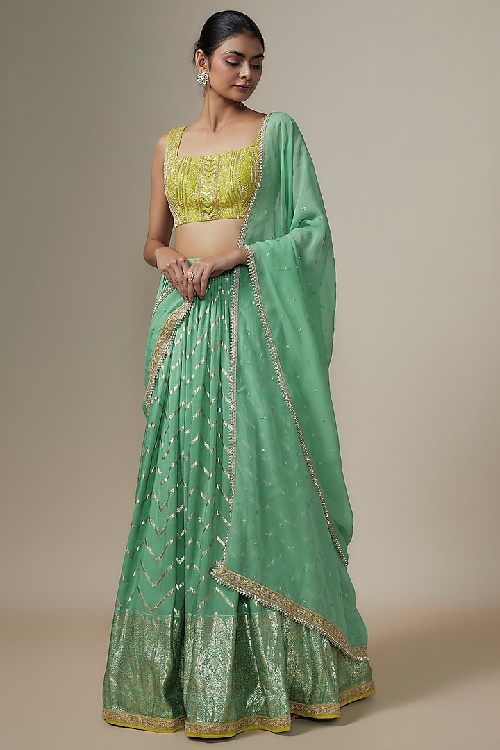 Sea Green Jamawar & Raw Silk Chevron Wedding Lehenga Set by Chamee and Palak at Pernia's Pop Up Shop