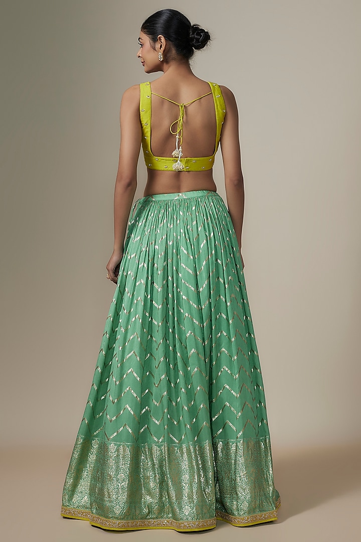 Sea Green Jamawar & Raw Silk Chevron Wedding Lehenga Set by Chamee and Palak at Pernia's Pop Up Shop
