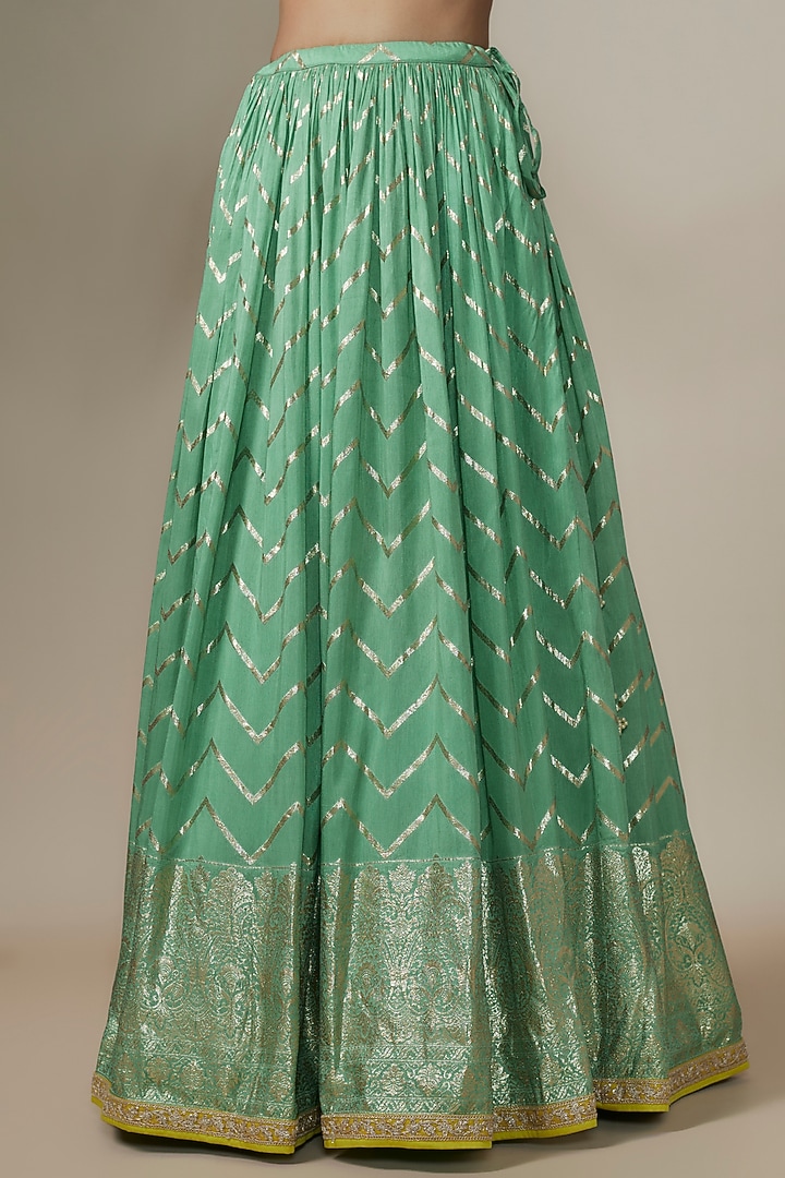 Sea Green Jamawar & Raw Silk Chevron Wedding Lehenga Set by Chamee and Palak at Pernia's Pop Up Shop