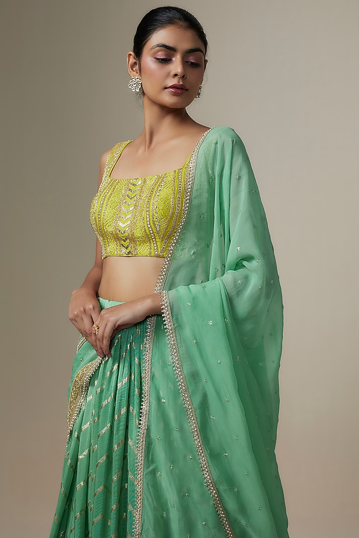 Sea Green Jamawar & Raw Silk Chevron Wedding Lehenga Set by Chamee and Palak at Pernia's Pop Up Shop