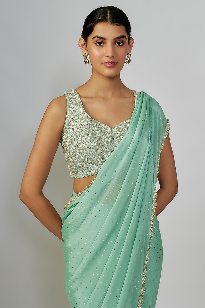 Sea Green Georgette Wedding Saree Set by Chamee and Palak at Pernia's Pop Up Shop