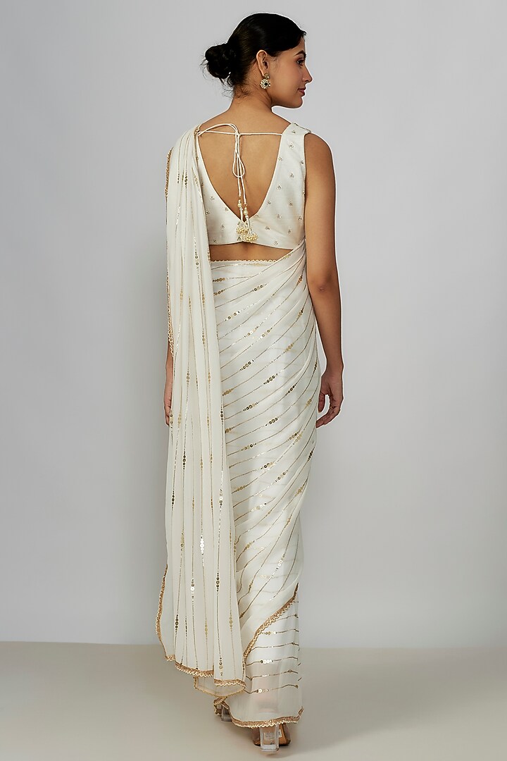 Ivory Georgette Sequins Embroidered Wedding Saree Set by Chamee and Palak at Pernia's Pop Up Shop