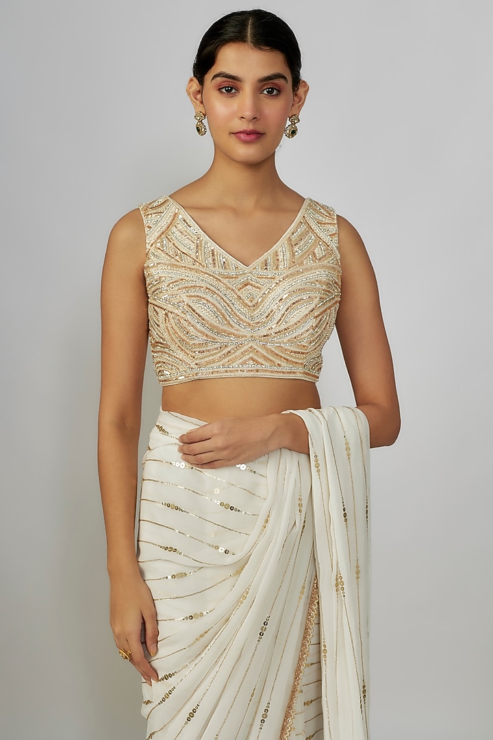 Ivory Georgette Sequins Embroidered Wedding Saree Set by Chamee and Palak at Pernia's Pop Up Shop