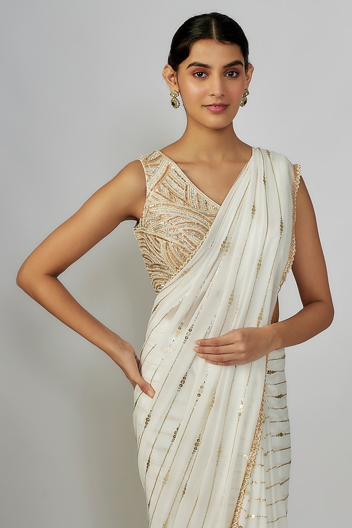Ivory Georgette Sequins Embroidered Wedding Saree Set by Chamee and Palak at Pernia's Pop Up Shop