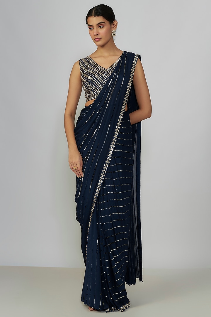 Blue Georgette Cutdana Embroidered Saree Set by Chamee and Palak at Pernia's Pop Up Shop