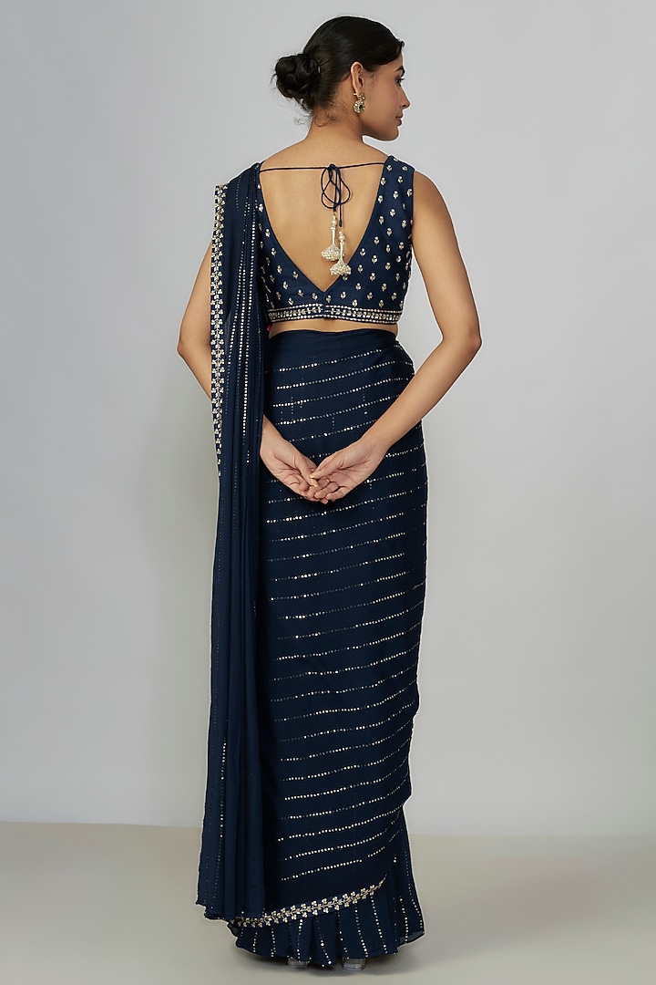 Blue Georgette Cutdana Embroidered Wedding Saree Set by Chamee and Palak at Pernia's Pop Up Shop