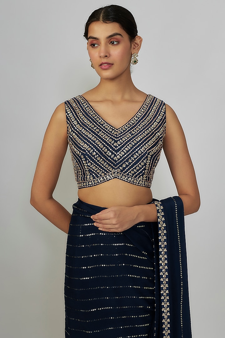 Blue Georgette Cutdana Embroidered Wedding Saree Set by Chamee and Palak at Pernia's Pop Up Shop