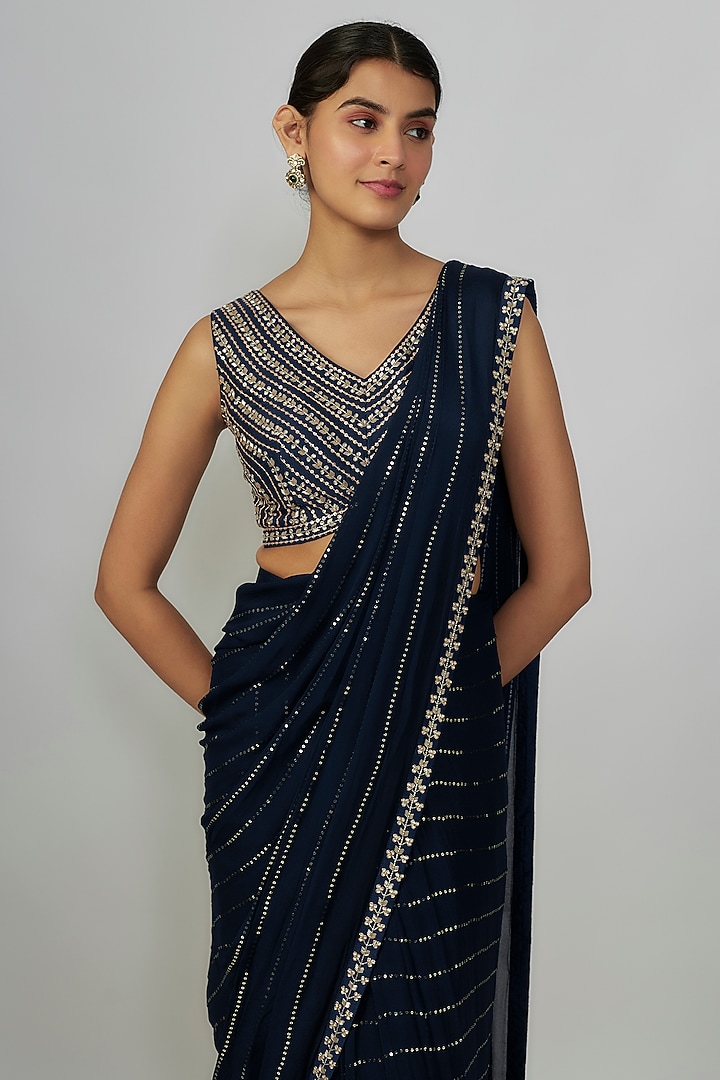 Blue Georgette Cutdana Embroidered Wedding Saree Set by Chamee and Palak at Pernia's Pop Up Shop