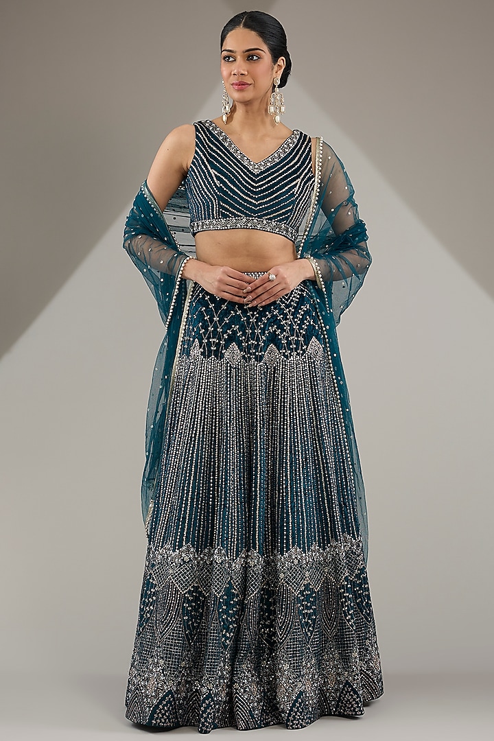 Blue Velvet Hand Embroidered Wedding Lehenga Set by Chamee and Palak at Pernia's Pop Up Shop