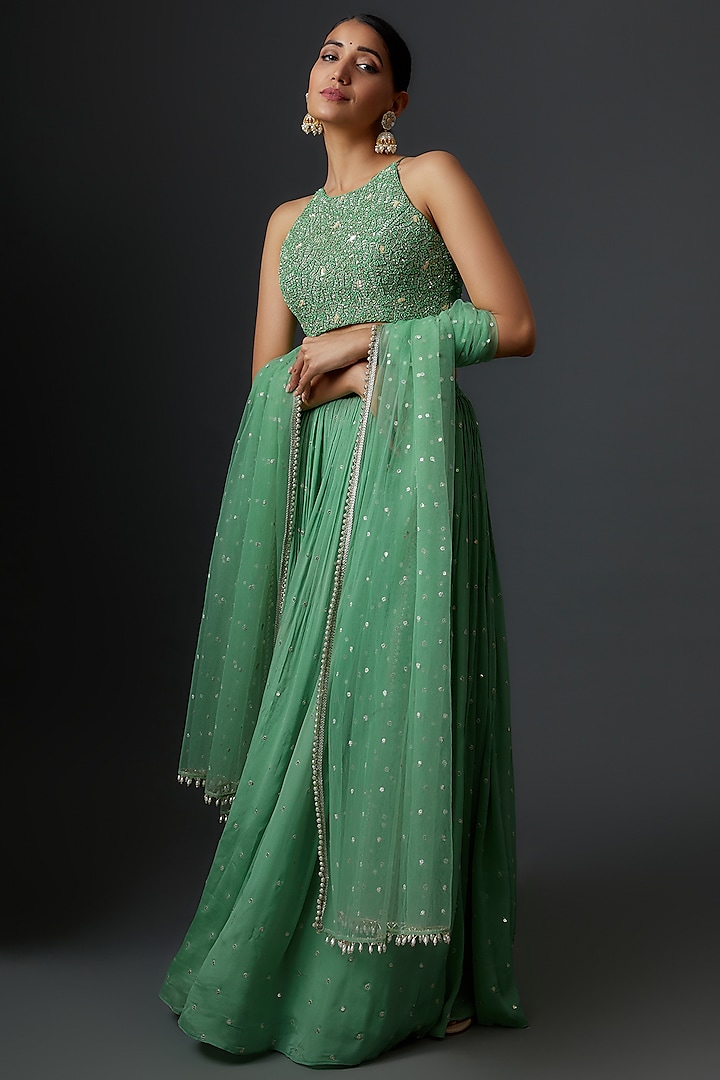 Sea Green Georgette Lehenga Set Design by Chamee and Palak at Pernia's ...