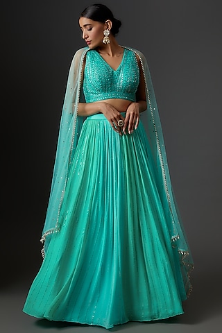 Blue Georgette Embellished Lehenga Set by Chamee and Palak