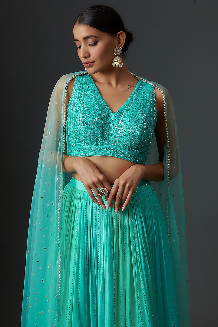 Blue Georgette Embellished Wedding Lehenga Set by Chamee and Palak at Pernia's Pop Up Shop