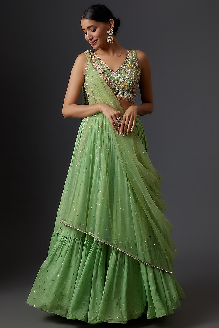 Green Georgette & Raw Silk Tiered Wedding Lehenga Set by Chamee and Palak at Pernia's Pop Up Shop