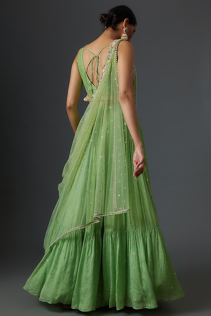 Green Georgette & Raw Silk Tiered Wedding Lehenga Set by Chamee and Palak at Pernia's Pop Up Shop