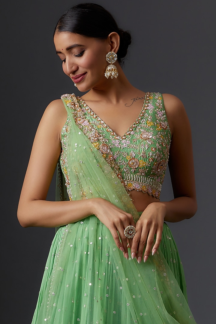 Green Georgette & Raw Silk Tiered Wedding Lehenga Set by Chamee and Palak at Pernia's Pop Up Shop