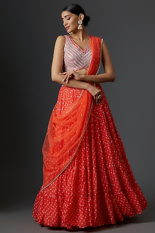 Red Georgette Bandhani Printed Lehenga Set by Chamee and Palak
