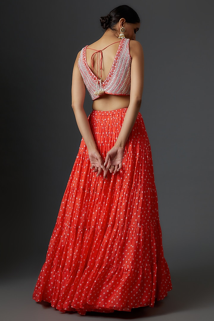 Red Georgette Bandhani Printed Wedding Lehenga Set by Chamee and Palak at Pernia's Pop Up Shop