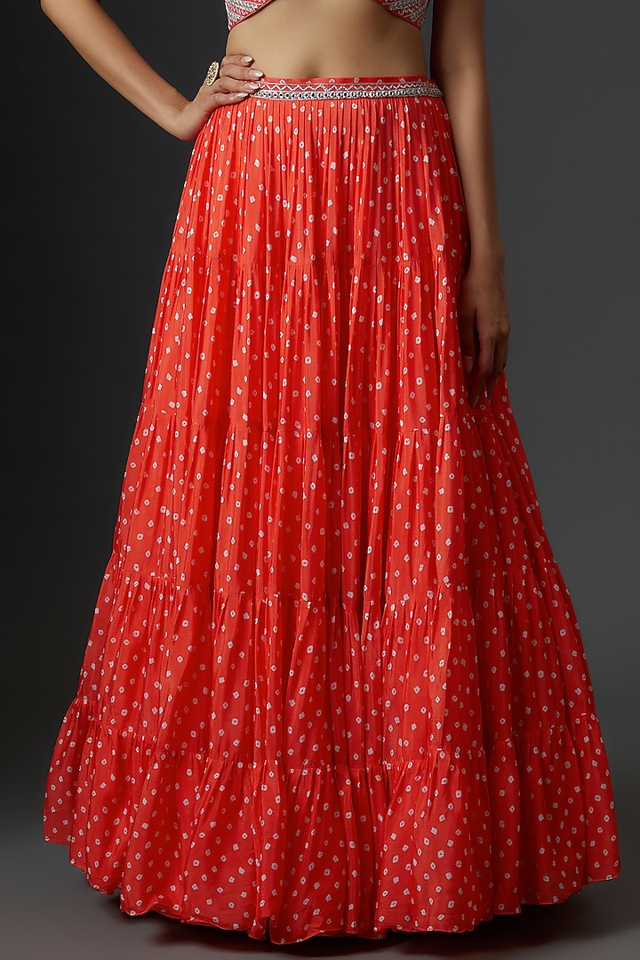 Red Georgette Bandhani Printed Wedding Lehenga Set by Chamee and Palak at Pernia's Pop Up Shop