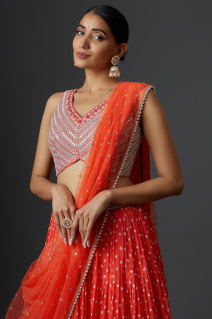 Red Georgette Bandhani Printed Wedding Lehenga Set by Chamee and Palak at Pernia's Pop Up Shop