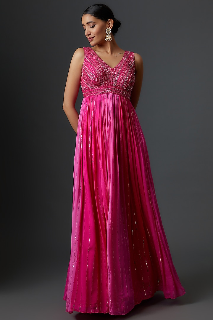 Pink Georgette Embellished Gown by Chamee and Palak