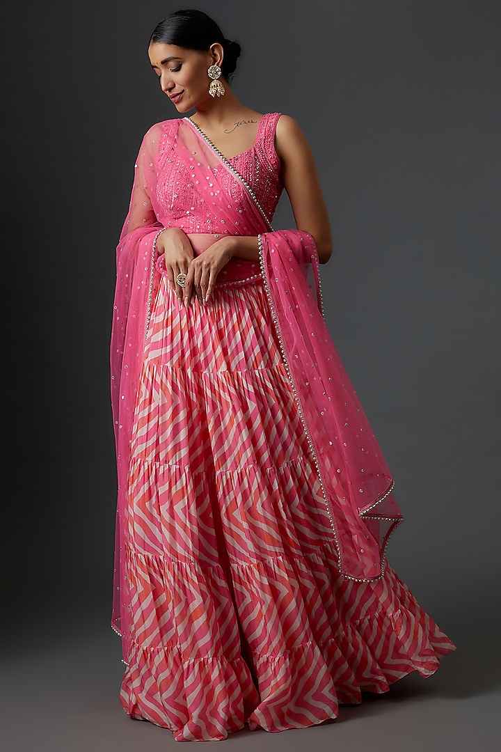 Pink Georgette Leheriya Wedding Lehenga Set by Chamee and Palak at Pernia's Pop Up Shop