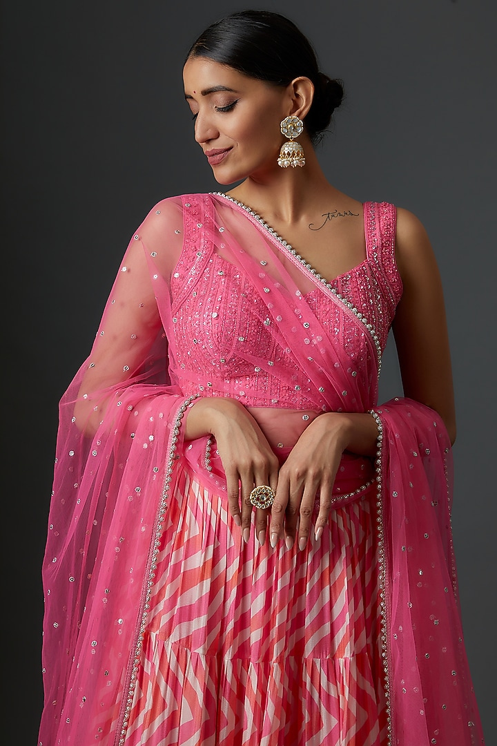 Pink Georgette Leheriya Wedding Lehenga Set by Chamee and Palak at Pernia's Pop Up Shop