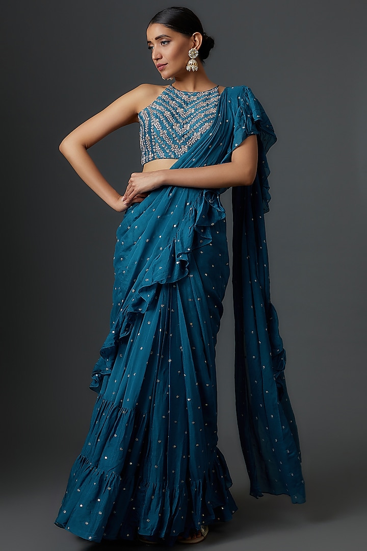 Blue Georgette Pre-Draped Ruffle Saree Set by Chamee and Palak