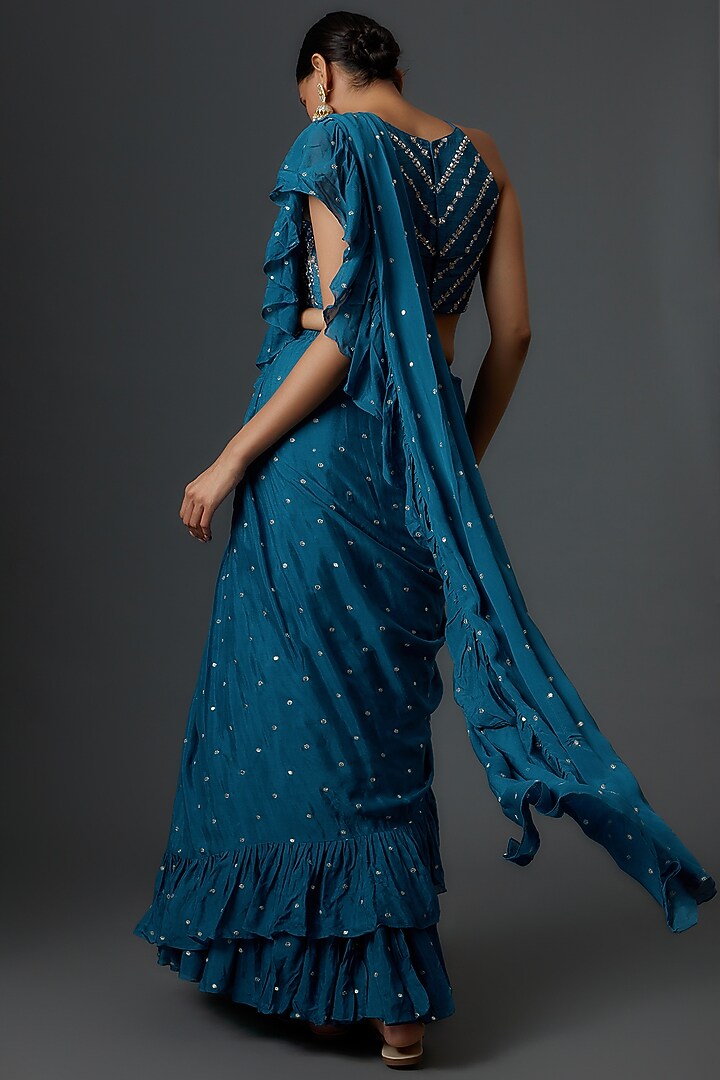 Blue Georgette Pre-Draped Ruffle Wedding Saree Set by Chamee and Palak at Pernia's Pop Up Shop
