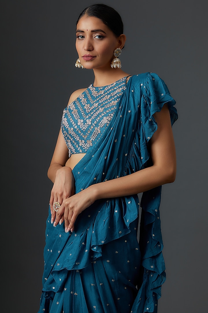 Blue Georgette Pre-Draped Ruffle Wedding Saree Set by Chamee and Palak at Pernia's Pop Up Shop