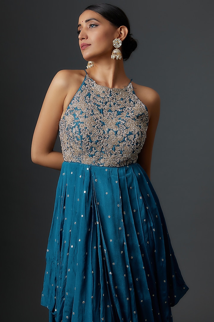 Blue Georgette Embellished Engagement Gown by Chamee and Palak at Pernia's Pop Up Shop