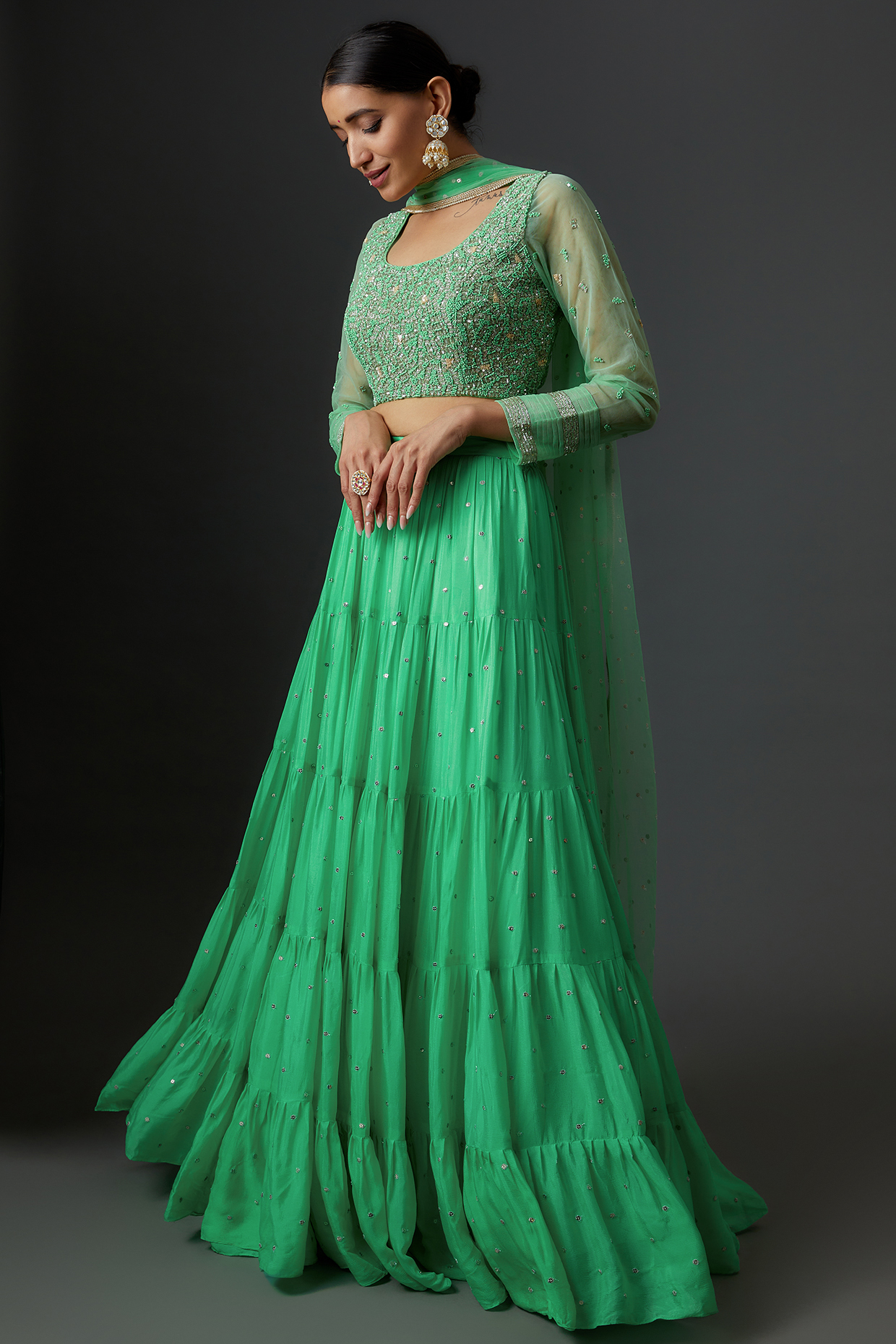 Green Georgette Embroidered Tiered  dulhan bday 22 may Lehenga Set by Chamee and Palak at Pernia's Pop Up Shop