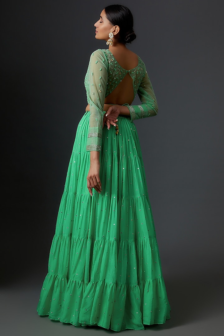 Green Georgette Embroidered Tiered Wedding Lehenga Set by Chamee and Palak at Pernia's Pop Up Shop