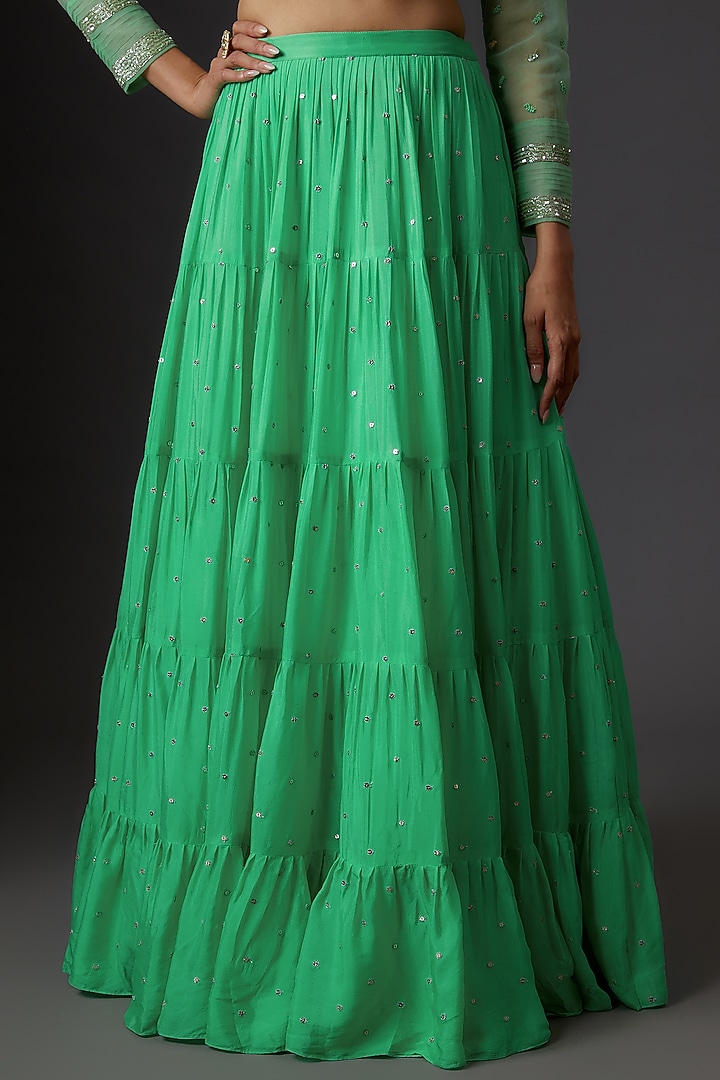 Green Georgette Embroidered Tiered Wedding Lehenga Set by Chamee and Palak at Pernia's Pop Up Shop