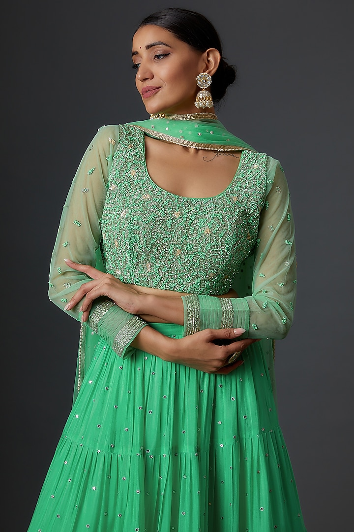 Green Georgette Embroidered Tiered Wedding Lehenga Set by Chamee and Palak at Pernia's Pop Up Shop