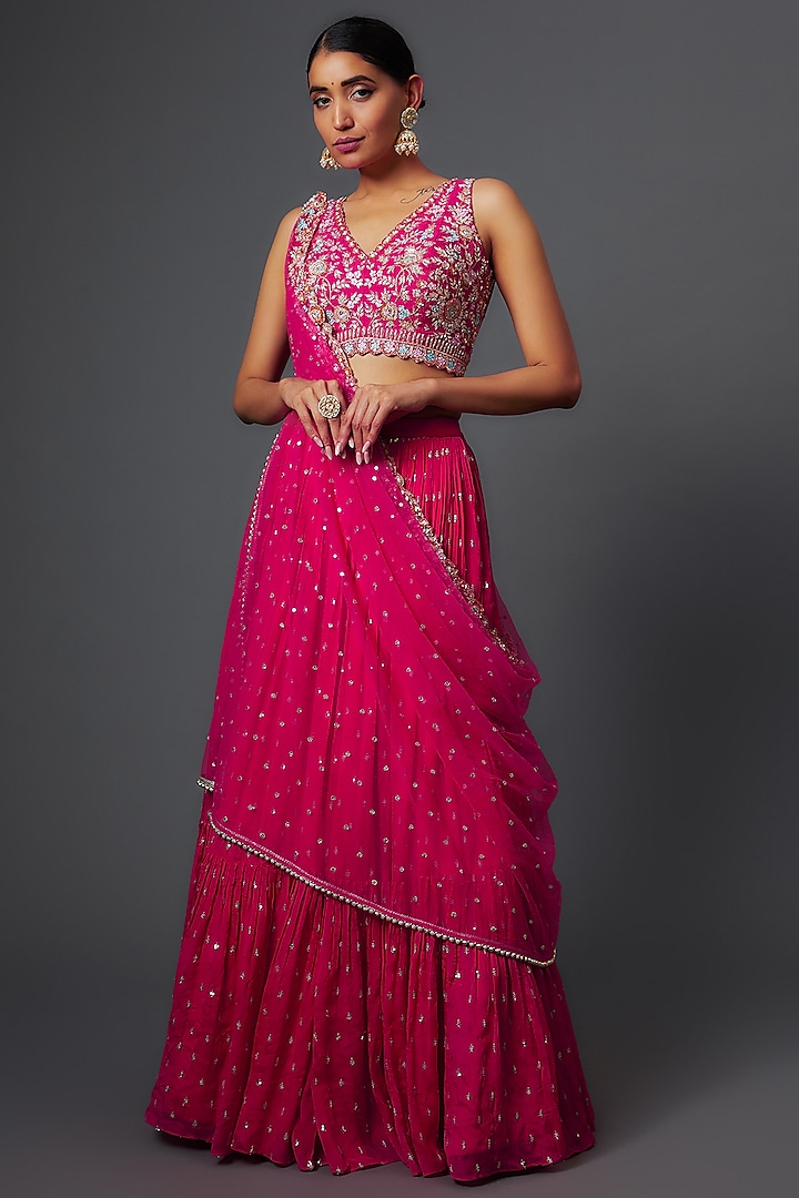 Pink Georgette Embroidered Tiered Lehenga Set by Chamee and Palak