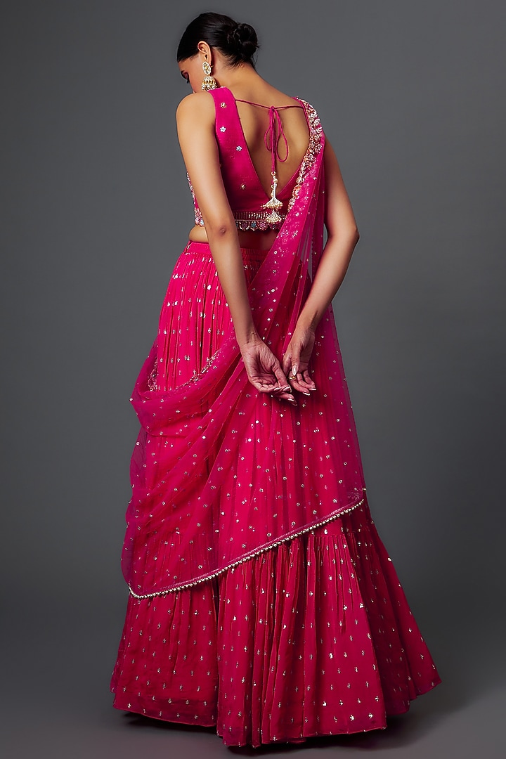 Pink Georgette Embroidered Tiered Wedding Lehenga Set by Chamee and Palak at Pernia's Pop Up Shop