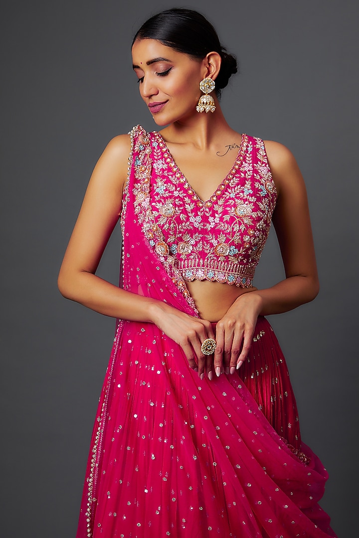 Pink Georgette Embroidered Tiered Wedding Lehenga Set by Chamee and Palak at Pernia's Pop Up Shop