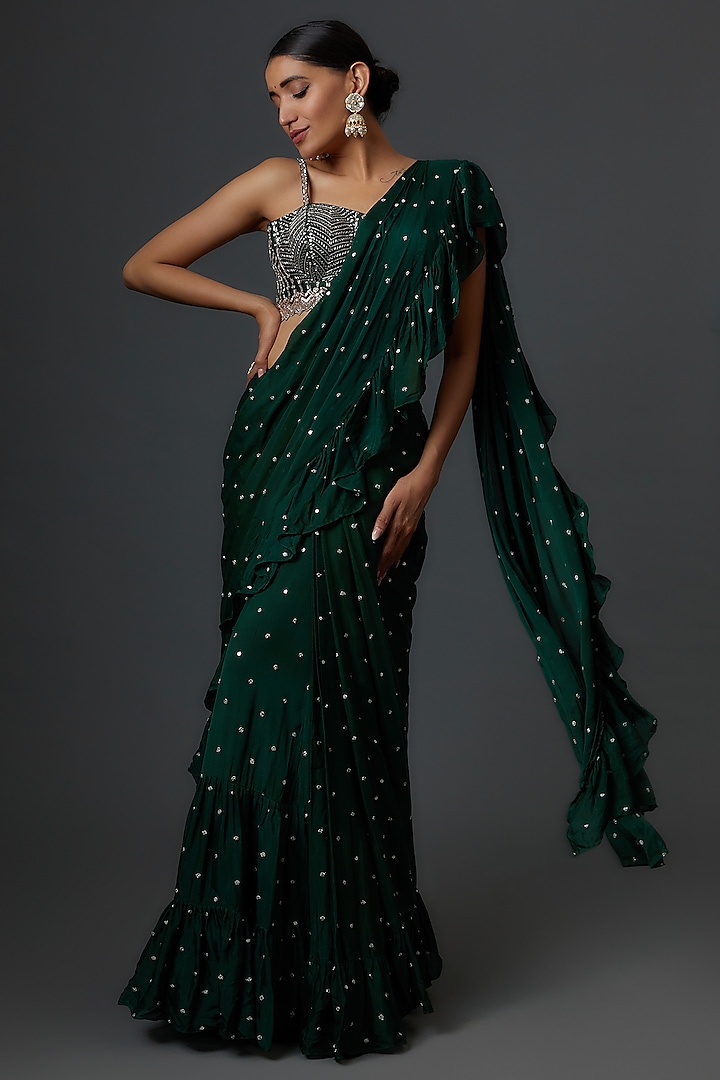 Green Georgette Pre-Draped Ruffle Saree Set by Chamee and Palak