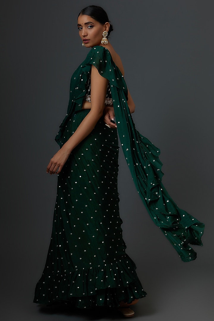 Green Georgette Pre-Draped Ruffle Wedding Saree Set by Chamee and Palak at Pernia's Pop Up Shop