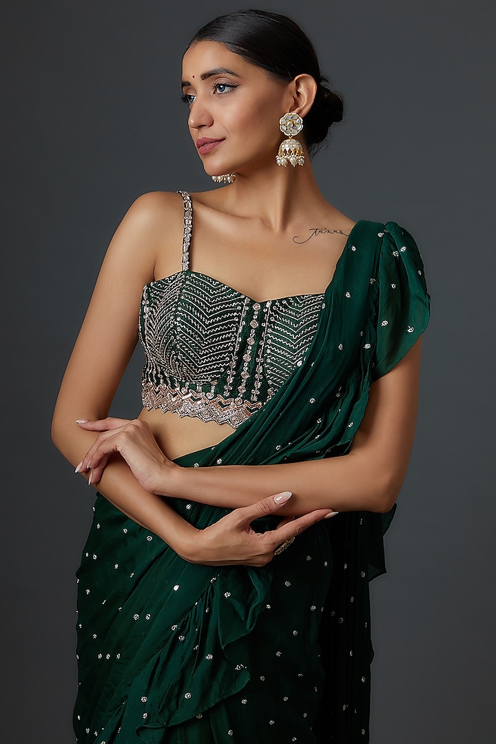 Green Georgette Pre-Draped Ruffle Wedding Saree Set by Chamee and Palak at Pernia's Pop Up Shop