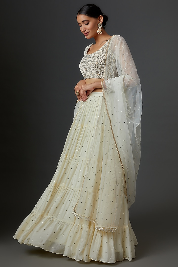 White Georgette Embroidered Tiered Wedding Lehenga Set by Chamee and Palak at Pernia's Pop Up Shop