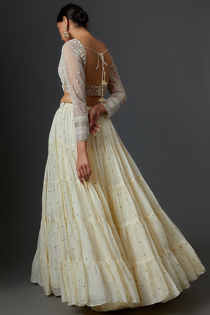 White Georgette Embroidered Tiered Wedding Lehenga Set by Chamee and Palak at Pernia's Pop Up Shop